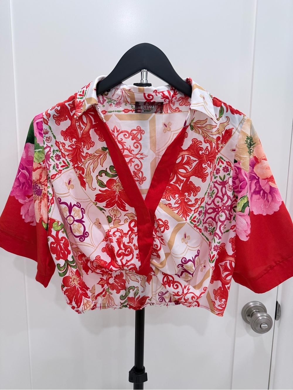 Lulumari Red and Beige Ornate Print Crop Blouse